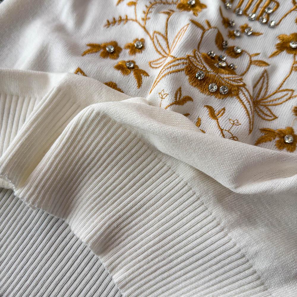 Summer Women O-neck Designer Embroidery Flower Beading Diamonds Knitted Sweater Pullover Tops Tshirt