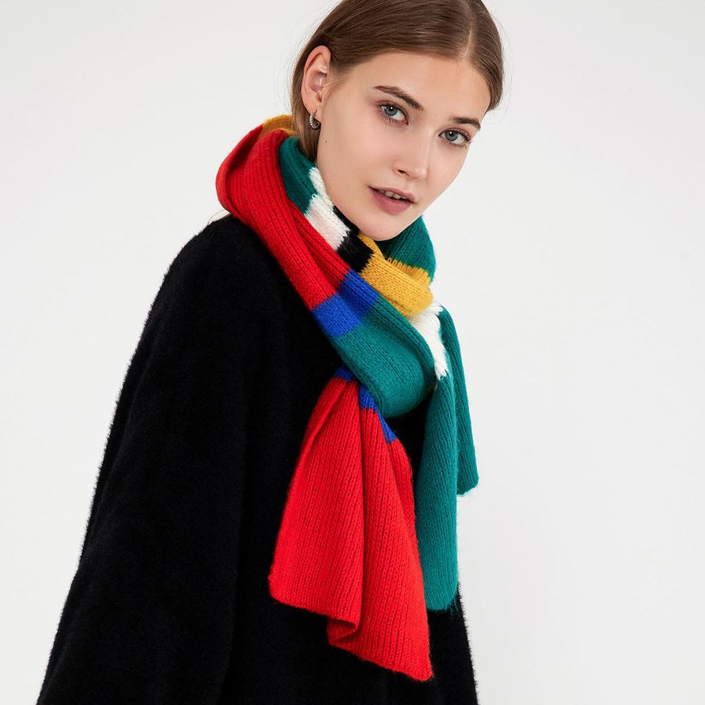 European and American Mohair Knitted Striped Scarf Women's Warm and Thickened Imitation Cashmere Color Matching Scarf Shawl