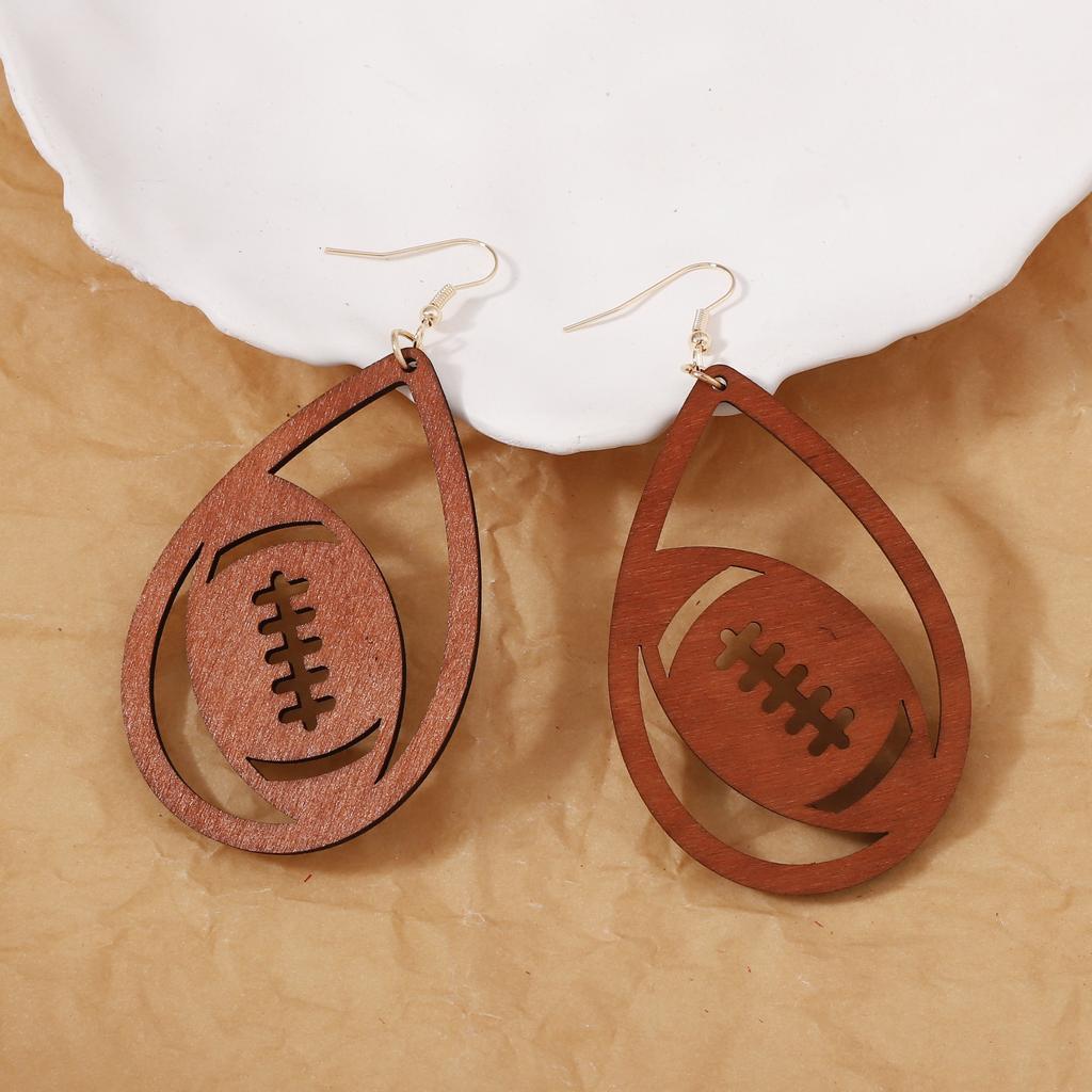 Niche design retro artistic earrings, laser-cut wood-cut hollowed-out water drop rugby shaped ear hooks
