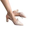 Soft leather version~ French temperament pointed head bow not tired feet high heels fairy style thick heel bag head sandals