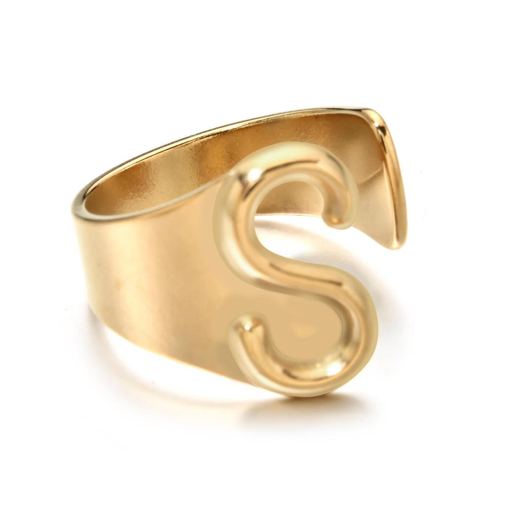 18K Gold Stainless Steel Letter Ring – Fashionable Open European & American Style, Women's Adjustable Titanium Steel Ring