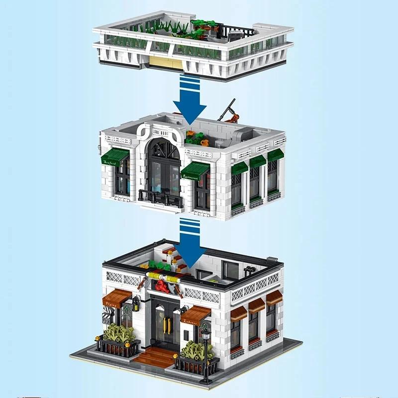 Non-Toxic 4132Pcs Seafood Restaurant Model Building Blocks Creative City Street View Moc Bricks Set With Light Desktop Ornaments Kids Toys