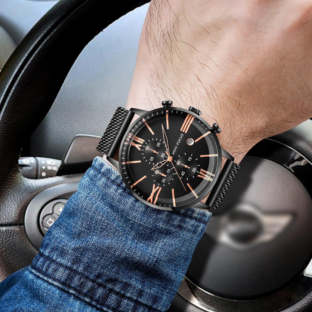 Topplyx Med Låda MINI FOCUS Märke Mode Herrklocka Multifunktionell Kalender Vattentät Stålmesh Kvarts Klockor