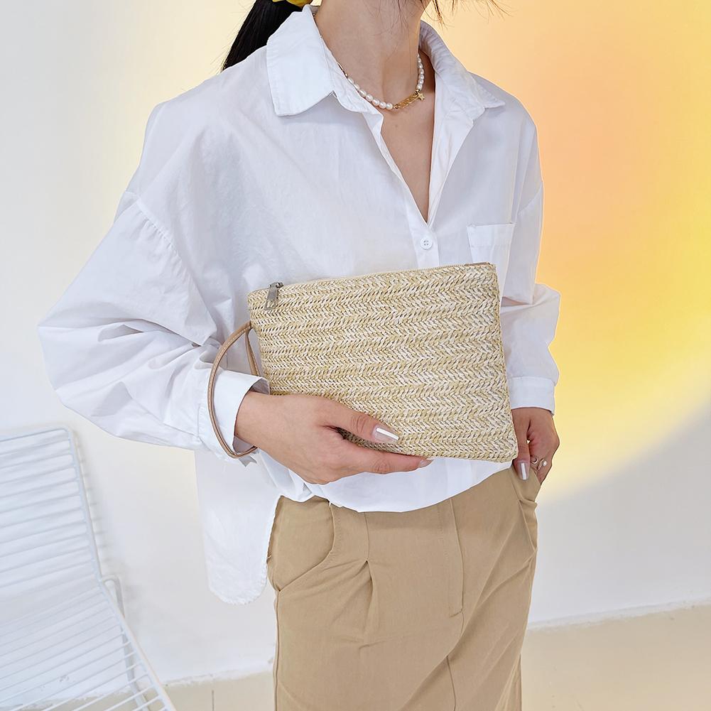 Women Bohemian Style Beach Summer Woven Clutch Wristlet Bag Solid Color Purse