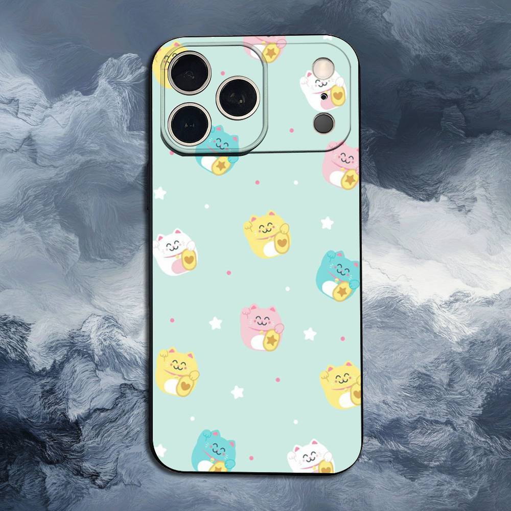 Cartoon Lucky Cat Phone For iPhone 13,12,15,14,11,16,17,Plus,Pro Max,XS,X,XR,SE,Mini,8,7,Soft Silicone Black