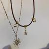 Fashion Sun Star Double Necklace Vintage Leather Clavicle Chain Sun Pendant Necklace  Women
