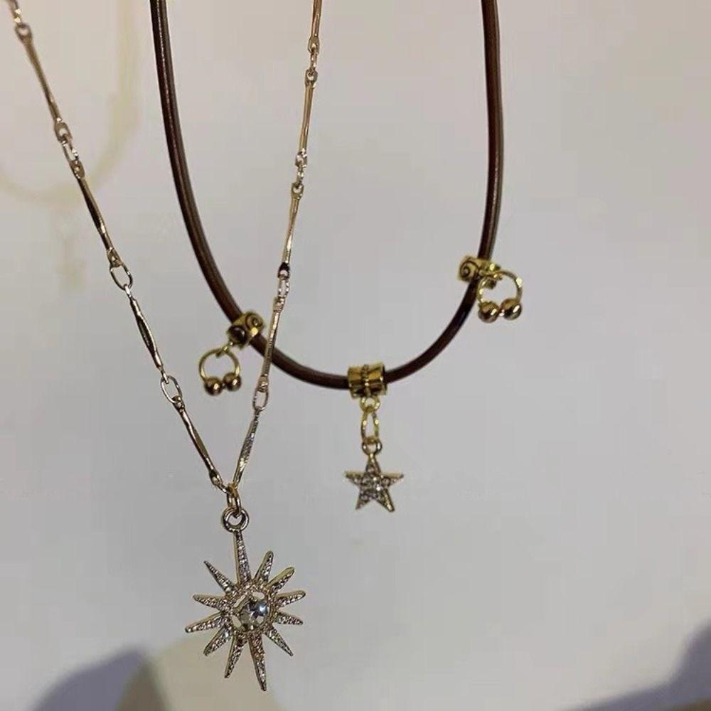 Fashion Sun Star Double Necklace Vintage Leather Clavicle Chain Sun Pendant Necklace  Women