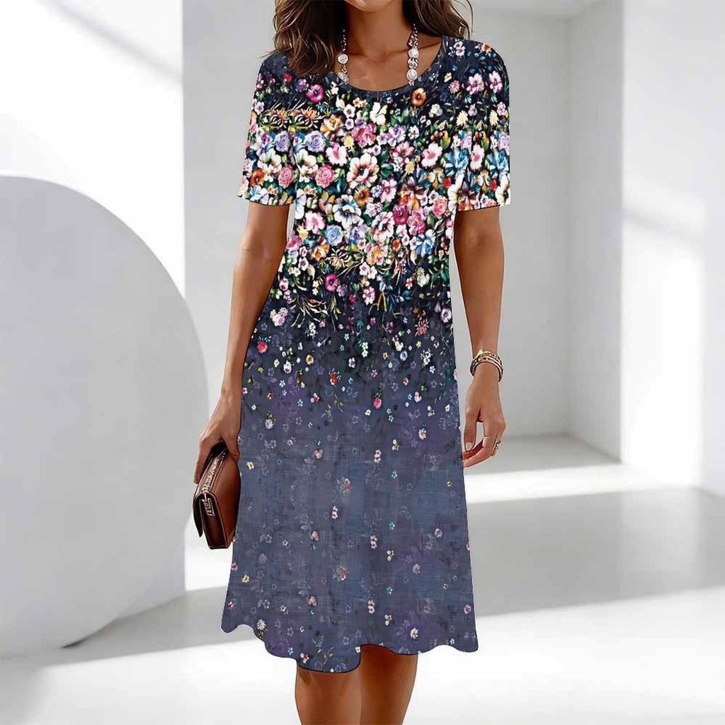 Women's Fashion Graceful Beautiful Broken Flowers and Fruits Print Summer Spring Short Sleeve O-Neck Casual Dresses