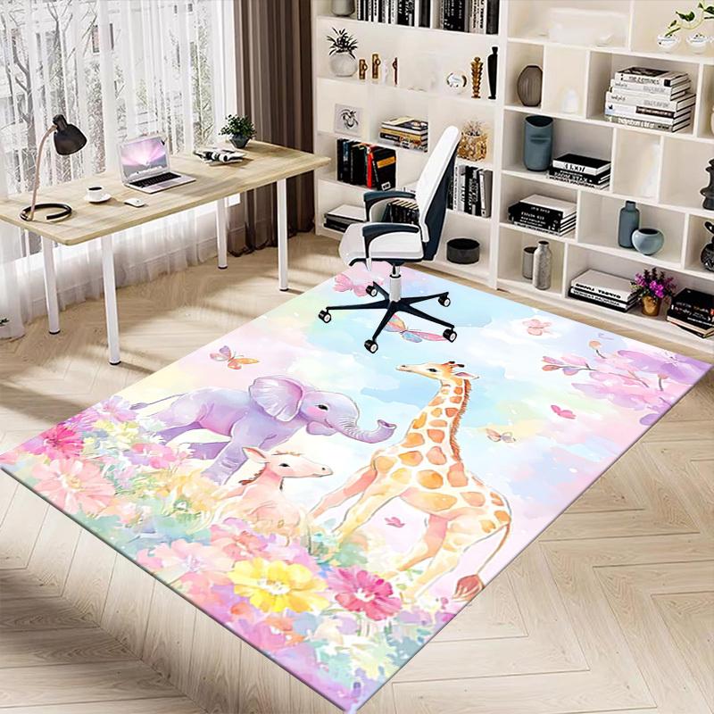 1PC Elephant Giraffe Non-Slip Floor Carpet, Office, Family, Bedroom, Studio - Large Area Rug, Vibrant Colors, Longlasting Material-X423