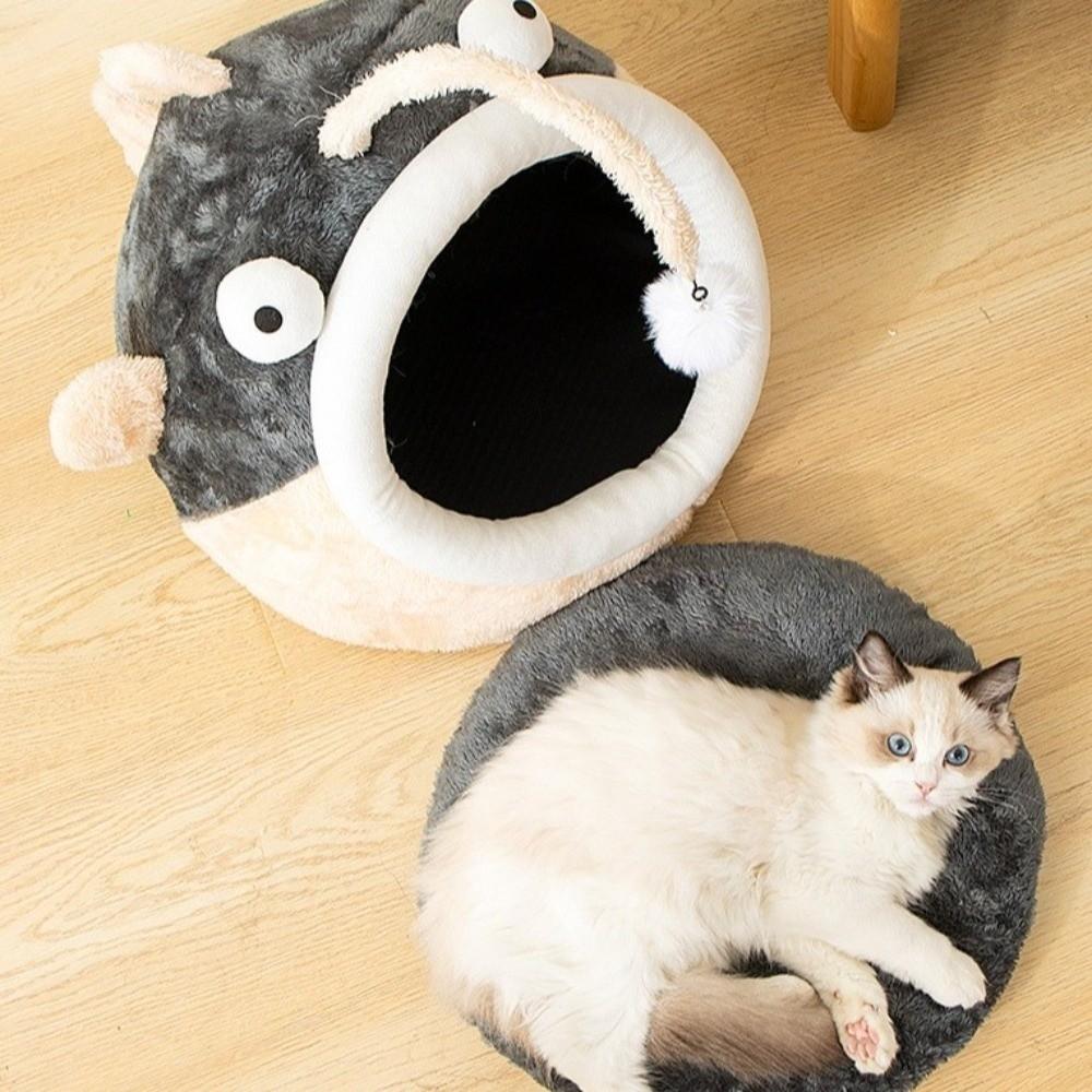 Warm Semi Enclosed Cat House Cartoon Cat House Tent Cute Lantern Fish Cat Bed Four Seasons