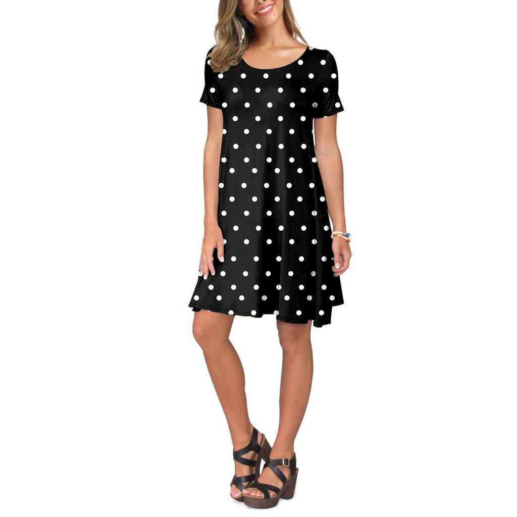 Women Summer Short Sleeve Flower Printed Pockets Sundress Casual Swing Dress