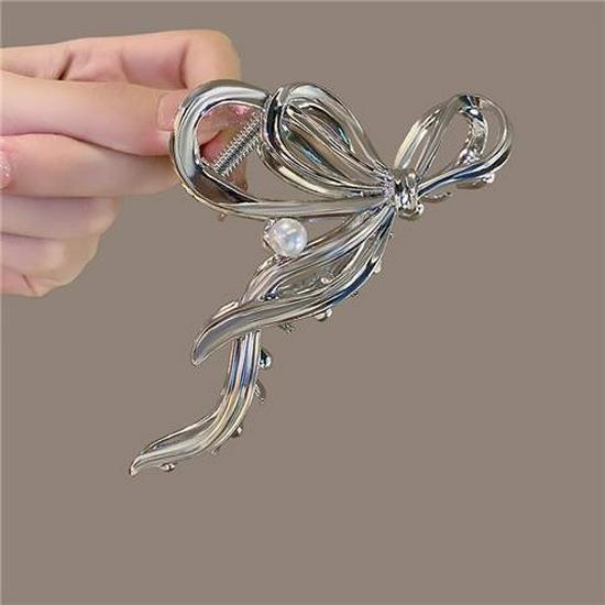 Silver Textured Metal Shark Hair Claw - Women's Stylish Updo Clip Accessory