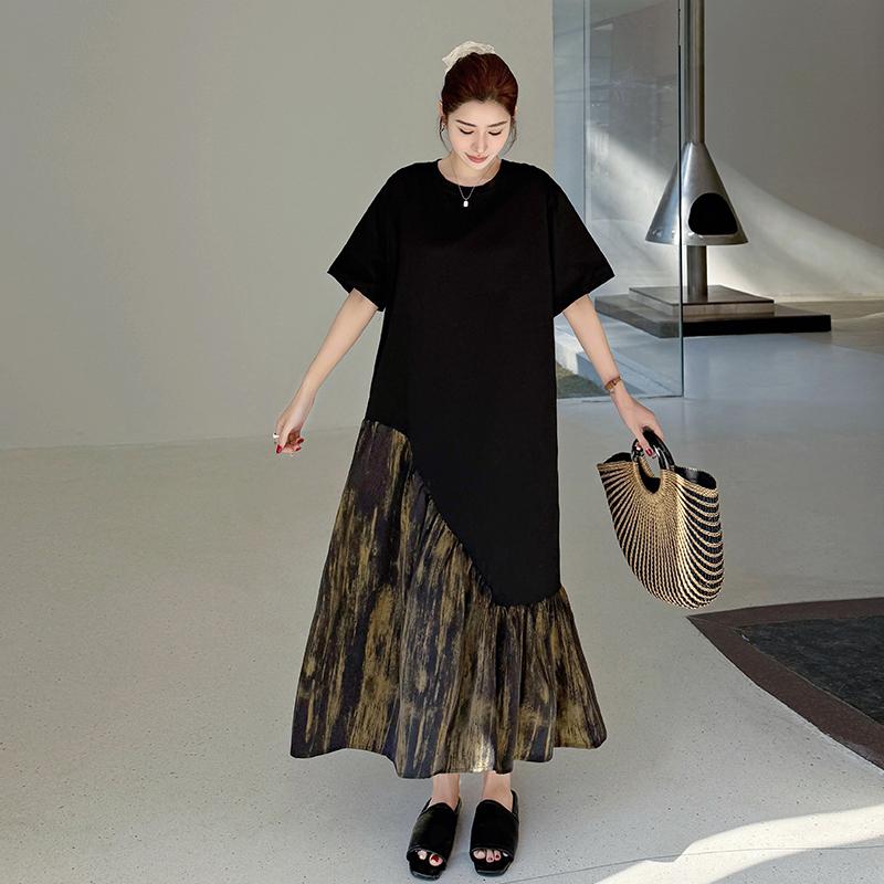 DIMANAF Damen 2025 Übergröße Sommerkleid Hemdkleid Basic Lang Kurzarm Locker Gespleißte Kleider