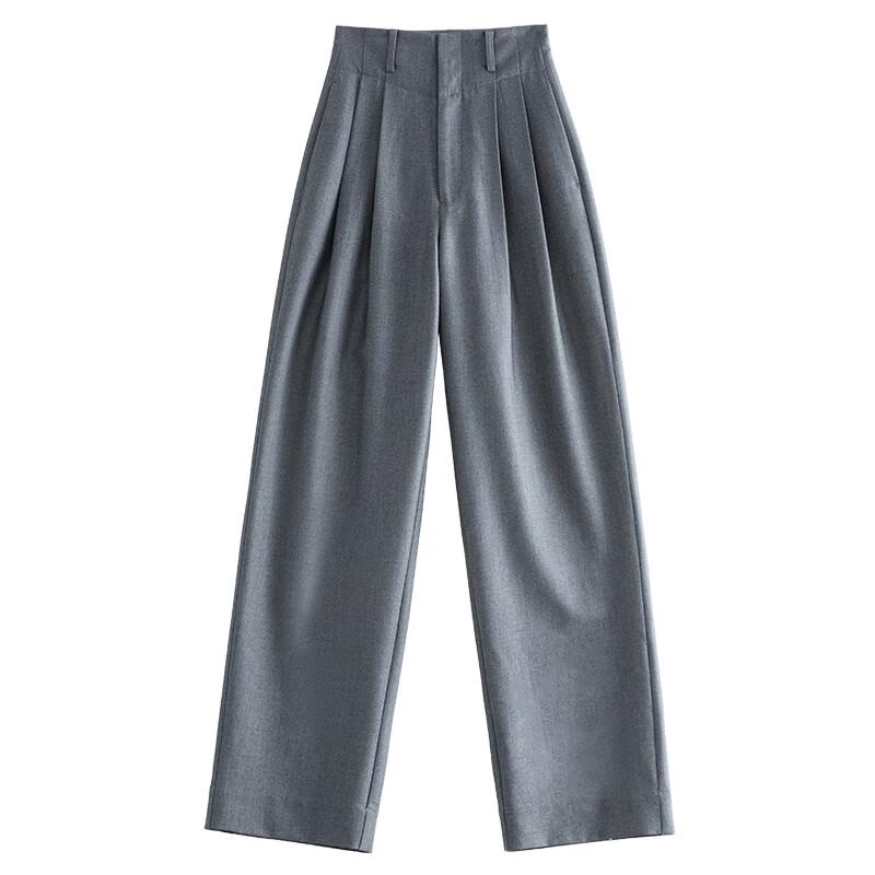 FAESSLIN Women's Grey Wrinkle-Resistant High-Waist Wide-Leg Suit Trousers