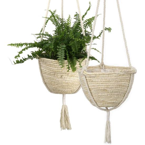 Straw Woven Basket Portable Suspended Wall Hanging Flower Plant Suspension Basket for Balcony