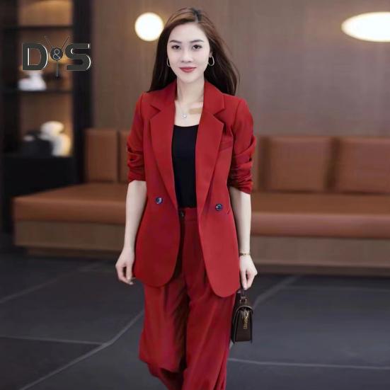 Σετ Γυναικείο Επίσημο Παλτό Παντελόνι 2 Τεμαχίων Μακρυμάνικο Διπλόκουμπο Ζακέτα Καρντιγκάν Μήκους Μέσης Φαρδύ Ίσιο Παντελόνι Ψηλόμεσο Επίσημο