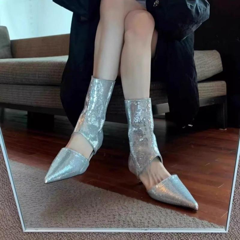 Fashion New boots women's summer short barrel pointed toe thin heel sequined cat heel fashion explosive temperament cool boots