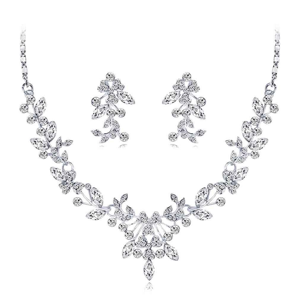 Women Bridal All-matching Jewelry Set Fashionable Diamond Alloy Necklace + Earring Set