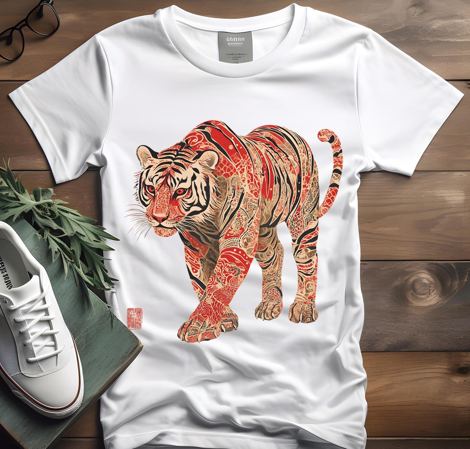 Majestic Asian Tiger T-Shirt: Floral Graphic Print, Heavy Cotton Unisex Tee 2XL