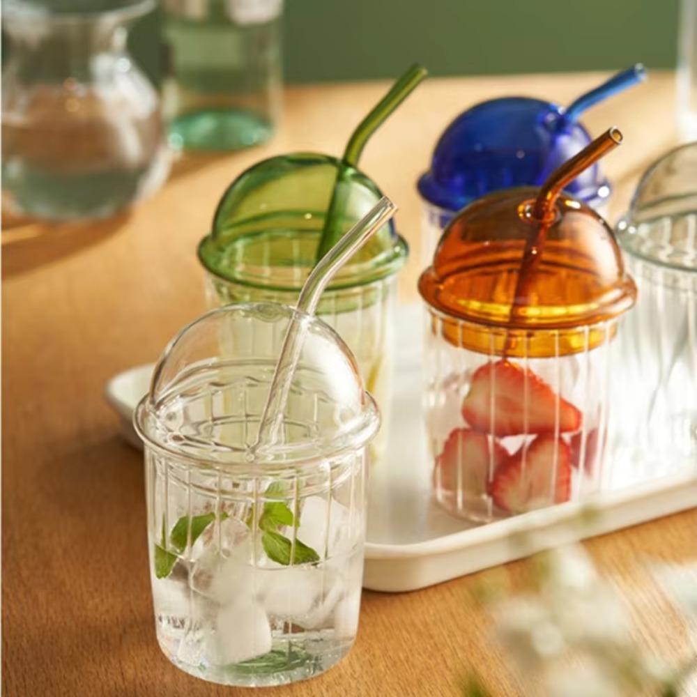 Dome Lid Glass Straw Cup Stripe Pattern Drinking Cup Drinkware Milk Tea Cup  Coffee