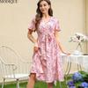 MODIQUE 2025 Summer New Women's Elegant Floral Print Belt Pleated Flounce Long Dress Ladies Casual A-Line Short Sleeve V-Neck Dress