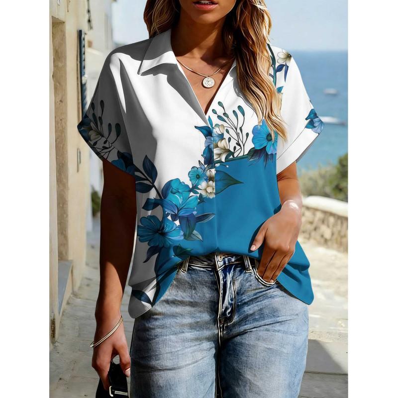 Floral Print Womens Loose Fit Short Sleeve V-Neck Top - Sleeveless Button-Free Casual Shirt Street Style