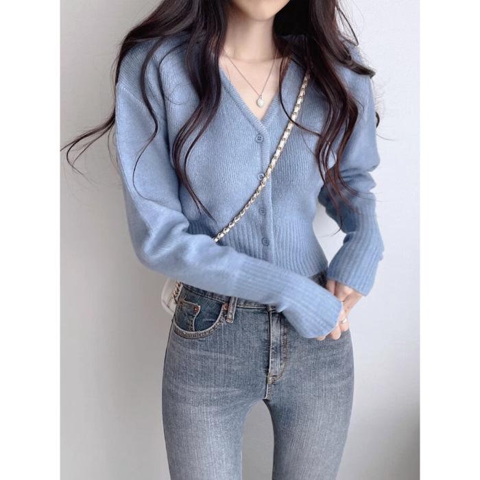 2024 Women's Slim Blue Knitted Cardigan: Lazy Autumn/Winter Style