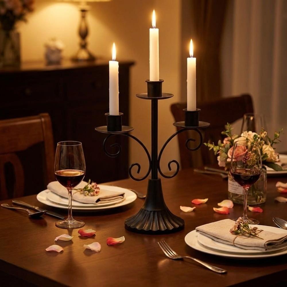 Vintage Three Headed Candlestick Holders Iron Candle Stand Ornament Rolled Flower Candelabra Hotel