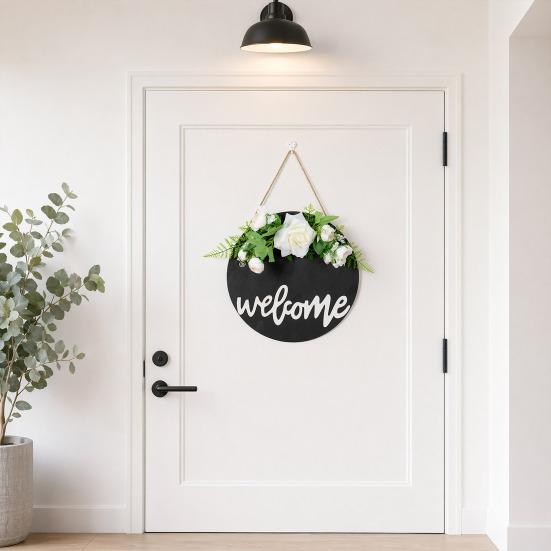 Welcome Sign, with Flower Decor Wear-Resistant Wreath, Front Door Welcome Wreath for Family Friends Co-Workers Garden Balcony