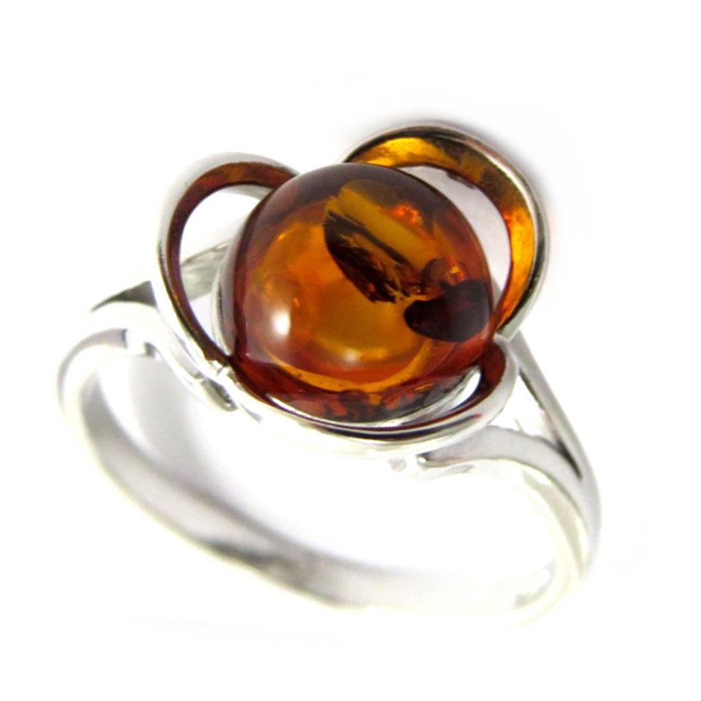 Srebrny pierścionek „Inspiracja” z bursztynem koniakowym (rodowany) - 12 mm