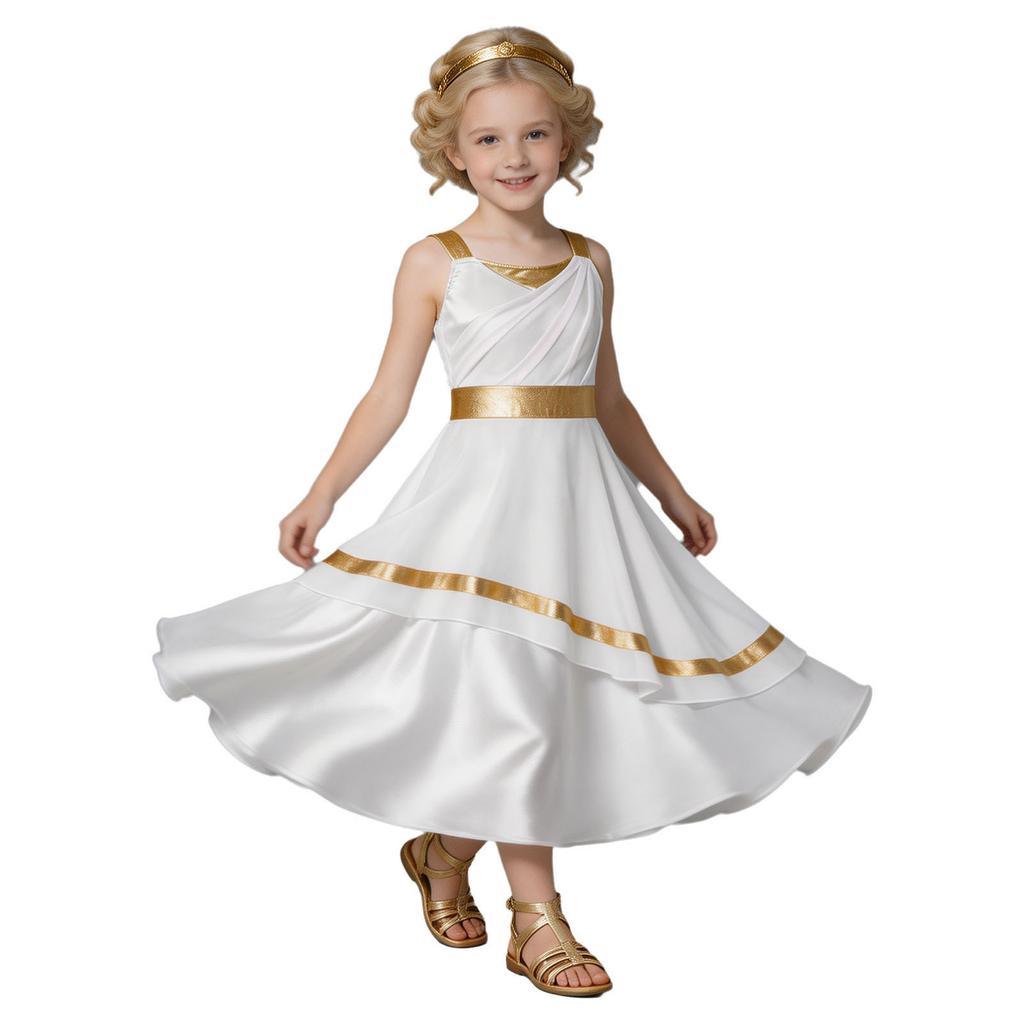 Kids Girls Ancient Greek Costume Color Blocked Layered Robe Sleeveless Side Invisible Zipper Metallic Trim Dress for Halloween Role Play Party