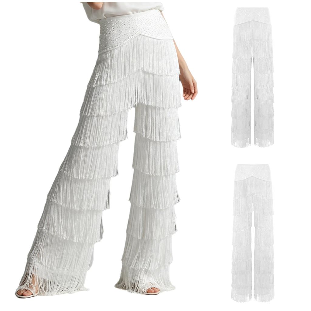 Pantaloni da Donna Latini Tango con Frange Vita Strass Strati Nappe Gamba Dritta per Cha-cha Rumba Allenamento Competizione Sala da Ballo