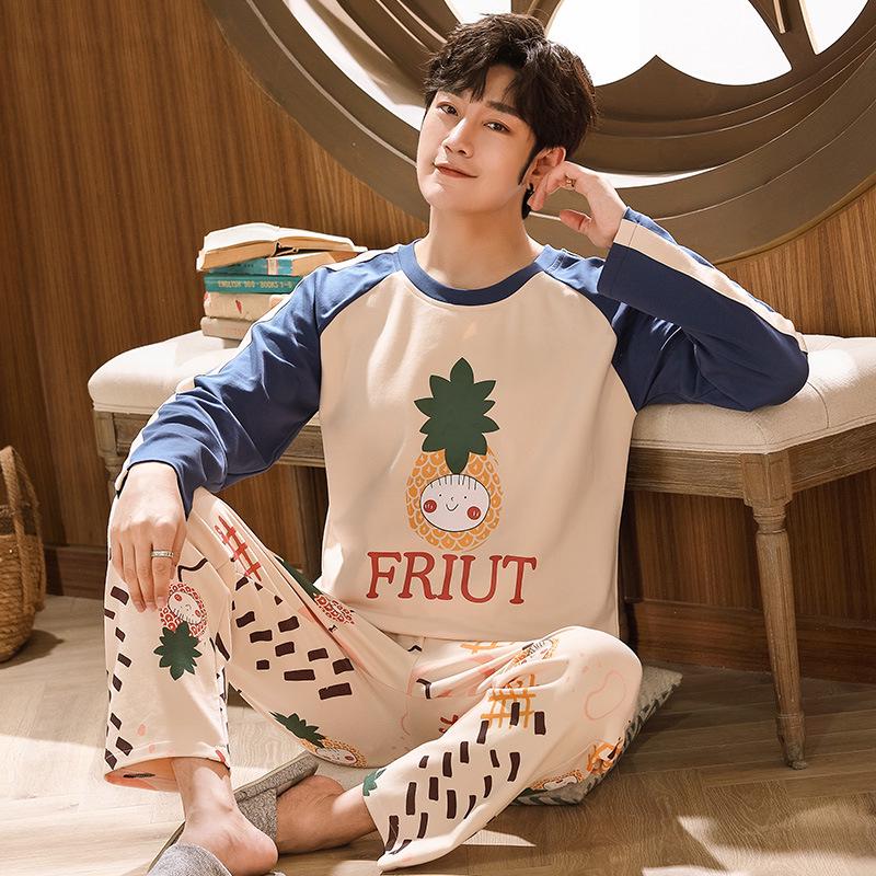 Pánský bavlněný pyžamový set plus size - Podzim/Zima S dlouhým rukávem a kalhotami Domácí oblečení