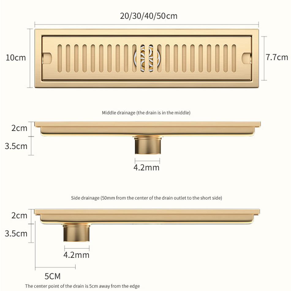 Shower Floor Drain for Bathroom Lavatory Balcony 304 Stainless Steel Brushed Gold Black Long Linear Drainage Side Floor Drains