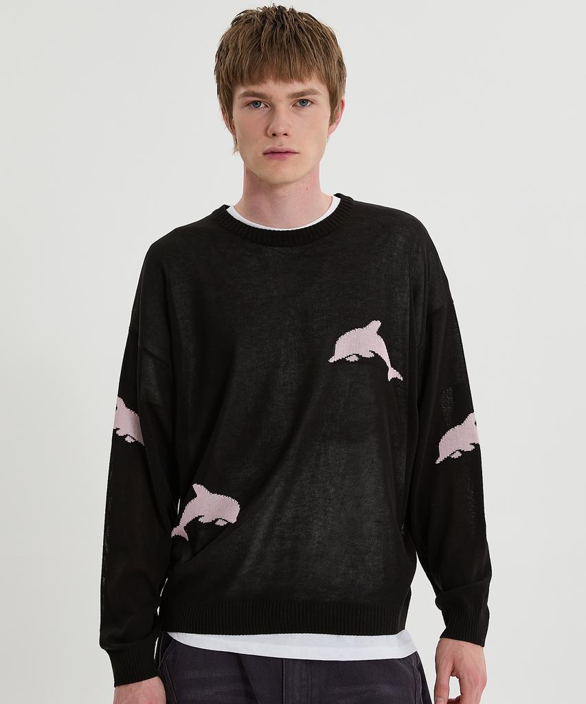 WAIKEI Dolphin See-Through Crew Neck Knit Black