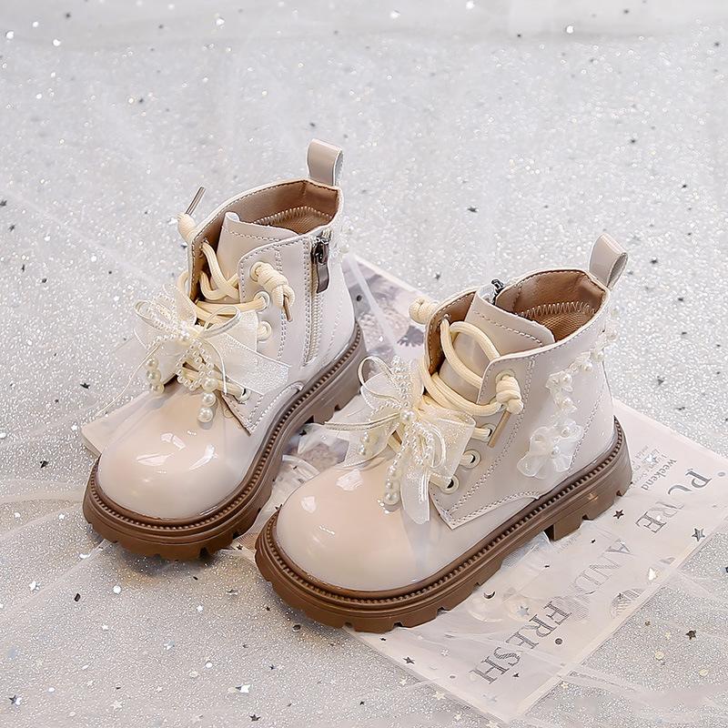 

Girls Solid Color Short Boots Autumn New Children s Pearl Flower Cute Bow Princess Martin Boots Single Boots 26-30Code one hand5Double бежевий