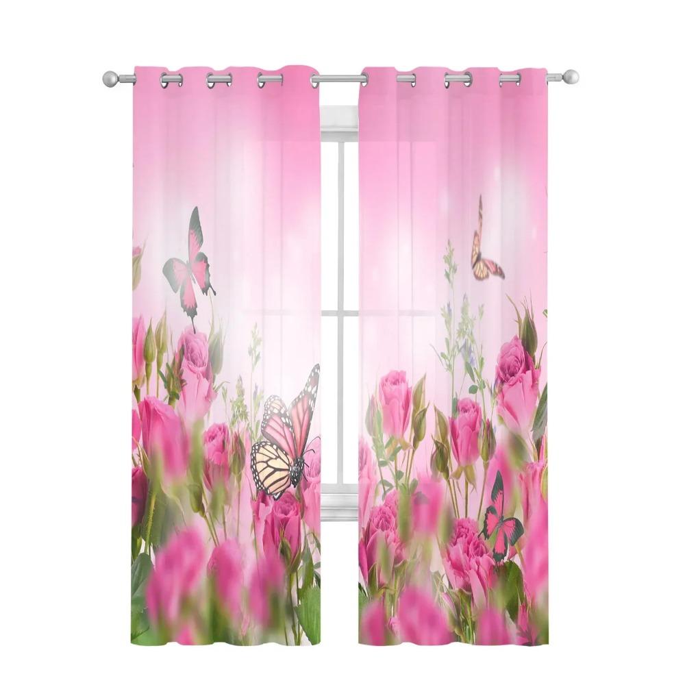 Flowers Butterfly Rose Tulle Translucent Drapes for Living Room Decoration Window Curtain ideal for Bedroom Kitchen Area Voile Organza Curtains