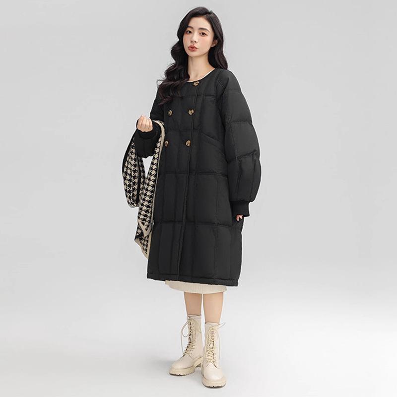 

Removable knitted hat long down jacket women s 2025 winter new double-breasted knee warm jacket large size explosion M чорний