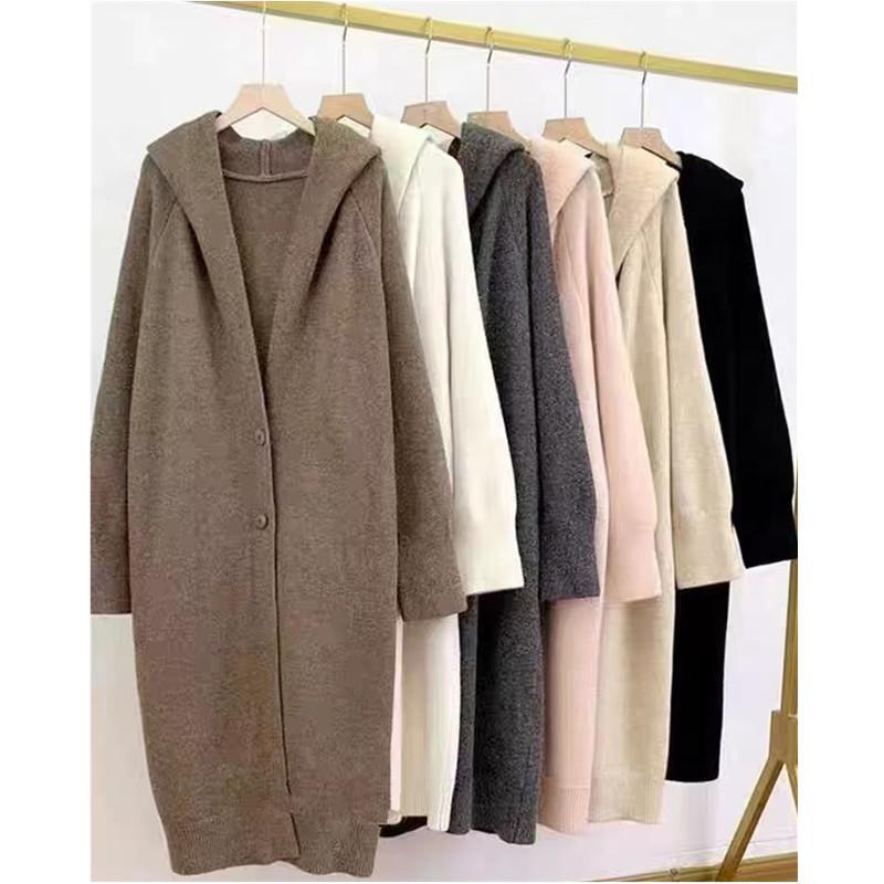 Large size cardigan simple and versatile lazy style soft waxy medium and long hooded sweater jacket women's new autumn and winter models