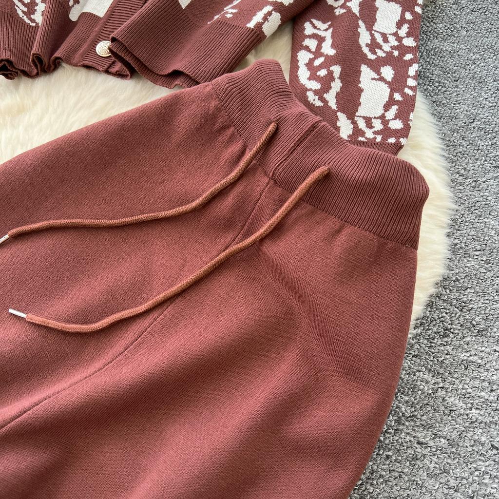 Autumn Winter Women Casual Print Knitted Sweater Trouser Two Piece Set Single Breasted Jacket Tops and Drawstring Pant Tracksuit