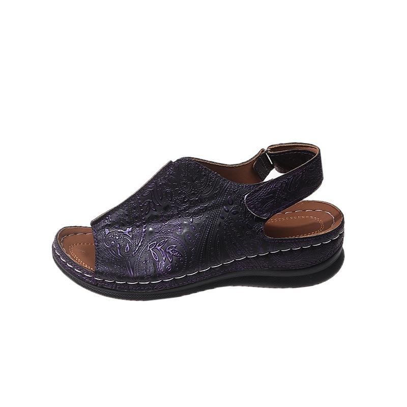 Summer new large size wedge heel sandals women's hollow flat heel open toe buckle with retro hole shoes