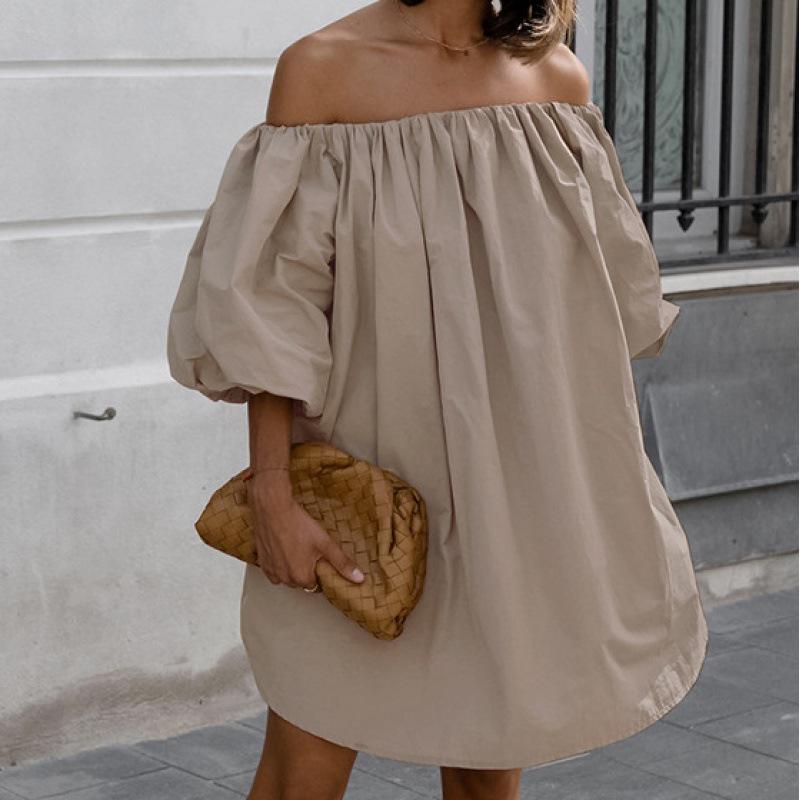 Elegantes Khaki Off-Shoulder Puffärmelkleid - 2024 Frühling/Sommer Mode Kurzer Rock