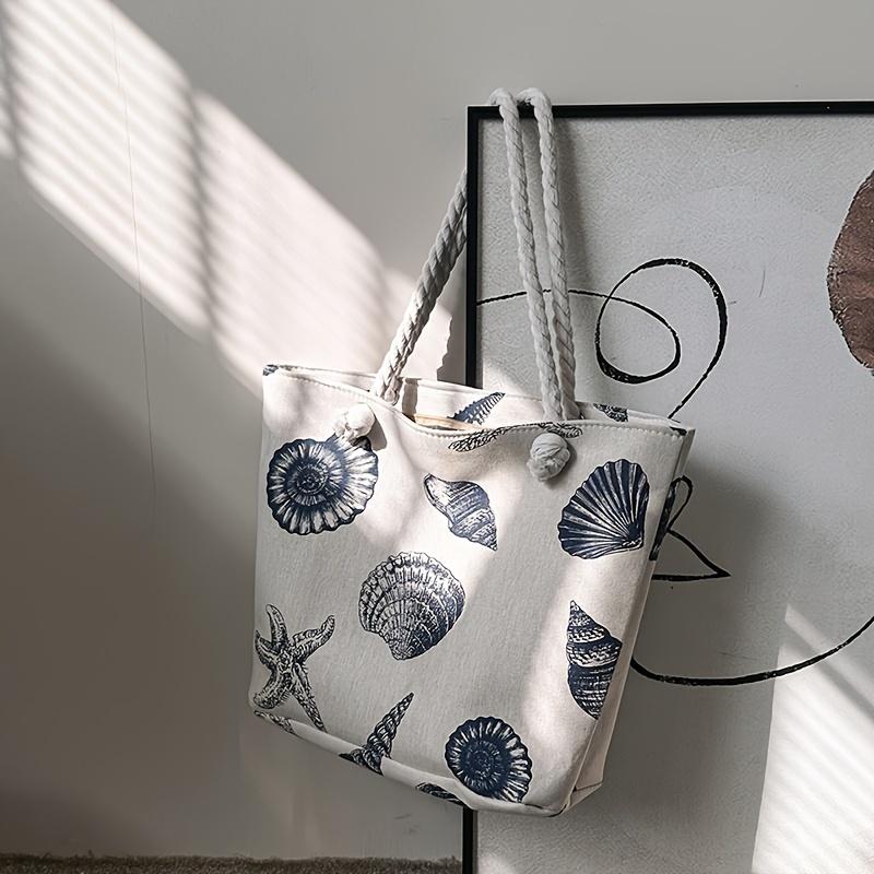 Shell Pattern Canvas Tote Bag, Marine Life Pattern Travel Beach Bag, Lightweight Summer Vacation