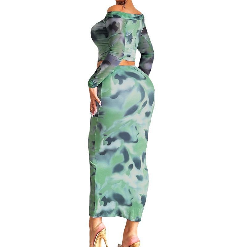 Women's Autumn and Winter Long-sleeved One-line Collar Slim Package Hip Half-body Dress Set