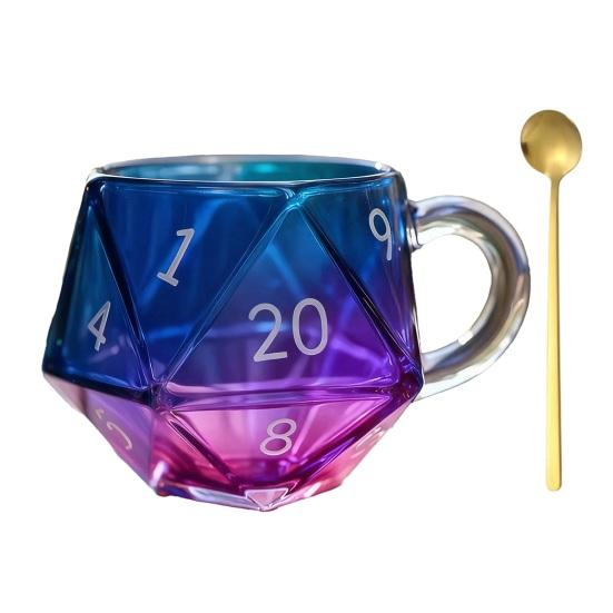 Rainbow D20 Dice Mug with Handle Colorful Polyhedral Glass Coffee Cup for Gamers Unique Gift for Tabletop RPG Fantasy Enthusiasts