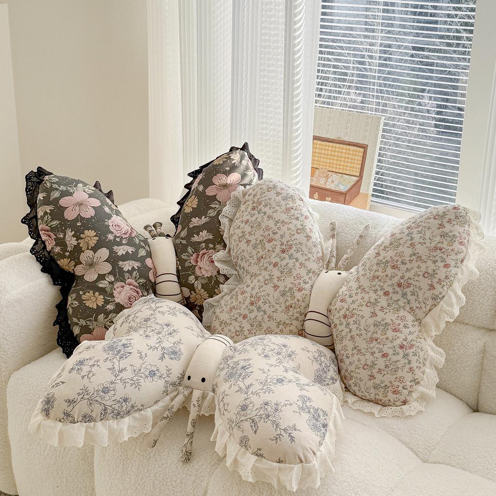 Cuscino Decorativo in Cotone e Lino con Ricamo a Farfalla e Motivo Floreale per Arredamento Soggiorno