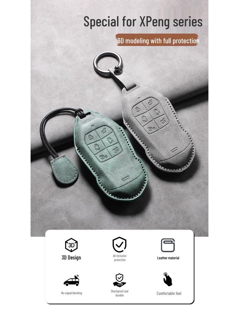 2026 Xiaopeng X9 Leather Key Case – Cowhide Car Interior Key Bag with Buckle Chain