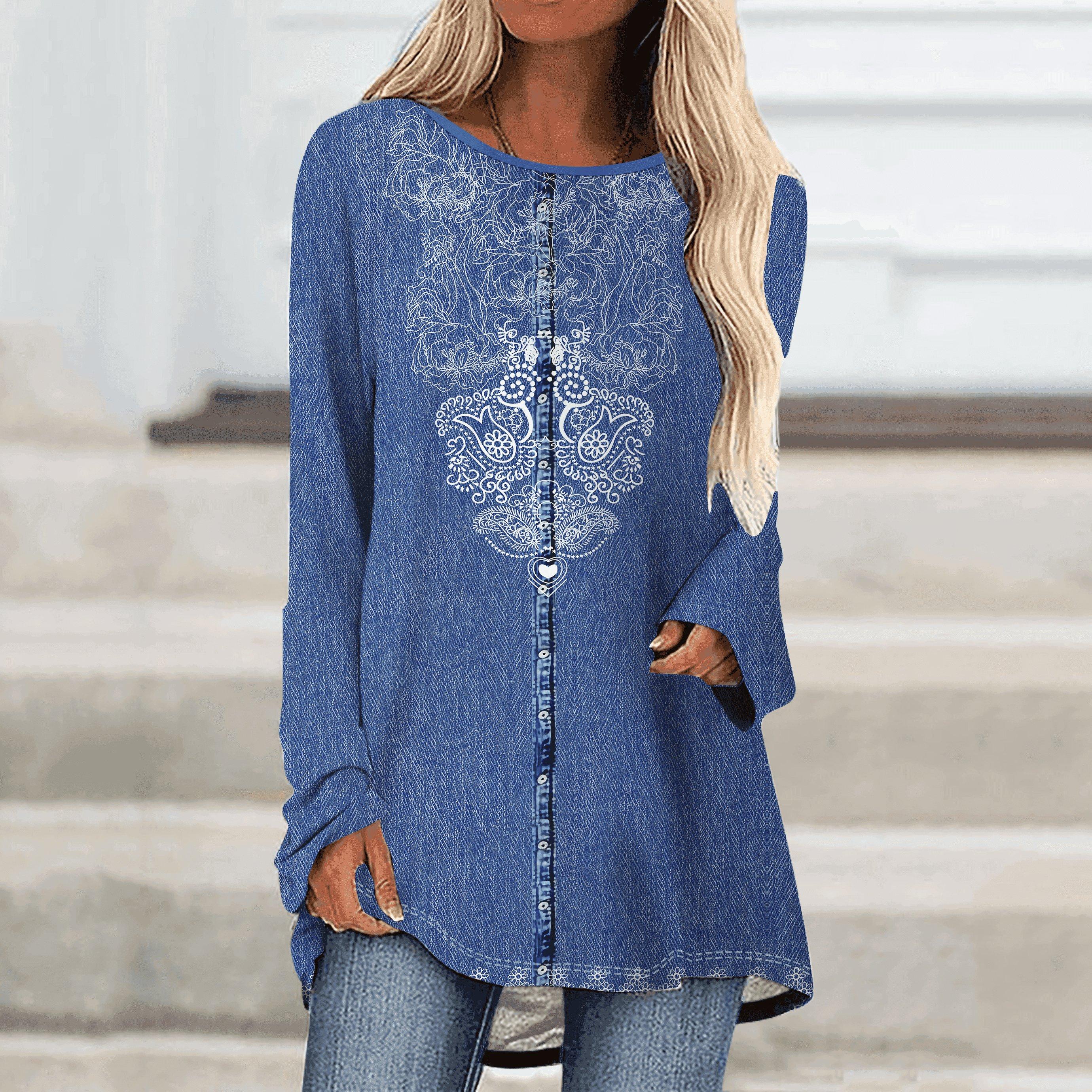 

Plus Size Women Spring Retro Printed Comfy Long Sleeve Round Collar T-shirt Casual Baggy Mid Length Tee Tops 8XL синій