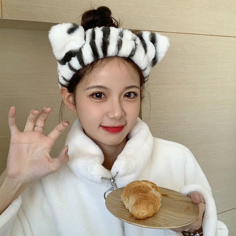 Cat Ears Headband For Women Tiger Pattern Makeup Wash Hairband Girls Plush Pure Elastic Hair Turban Head Bands Hair Accessories