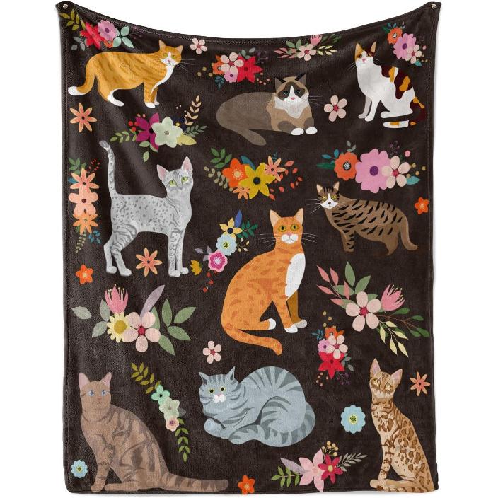 Cats Blanket Cat Present Soft Flannel Lightweight Cats and Flowers Throw Blanket for Kids Girls Boys All Season Cartoon Animals Blankets for Sofa